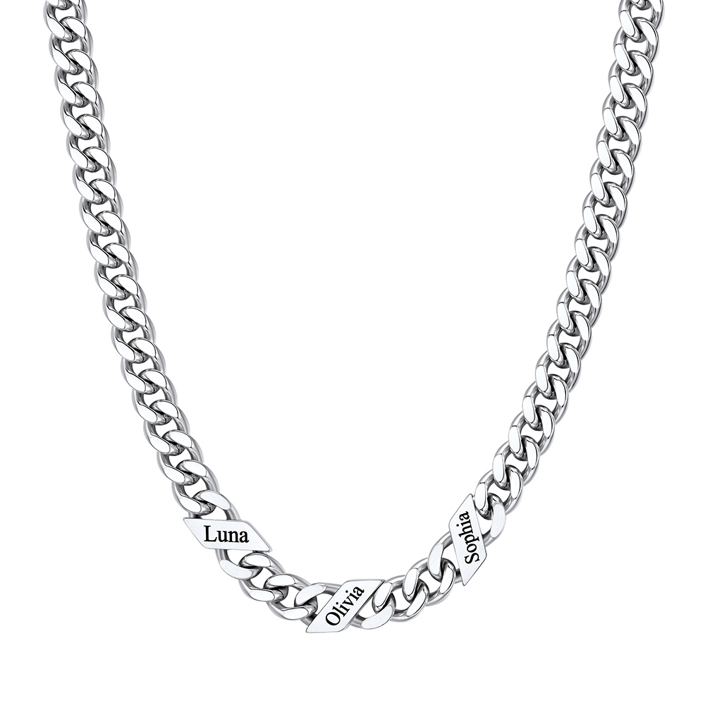 Custom 3 Names Cuban Chain Necklace  7MM Silver 