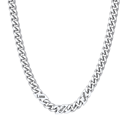 Custom 3 Names Cuban Chain Necklace  7MM Silver 