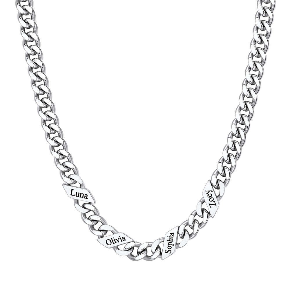 Custom 4 Names Cuban Chain Necklace  7MM Silver 