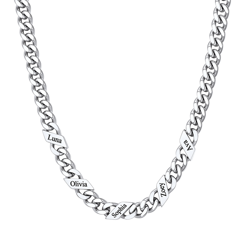 Custom 5 Names Cuban Chain Necklace  7MM Silver 