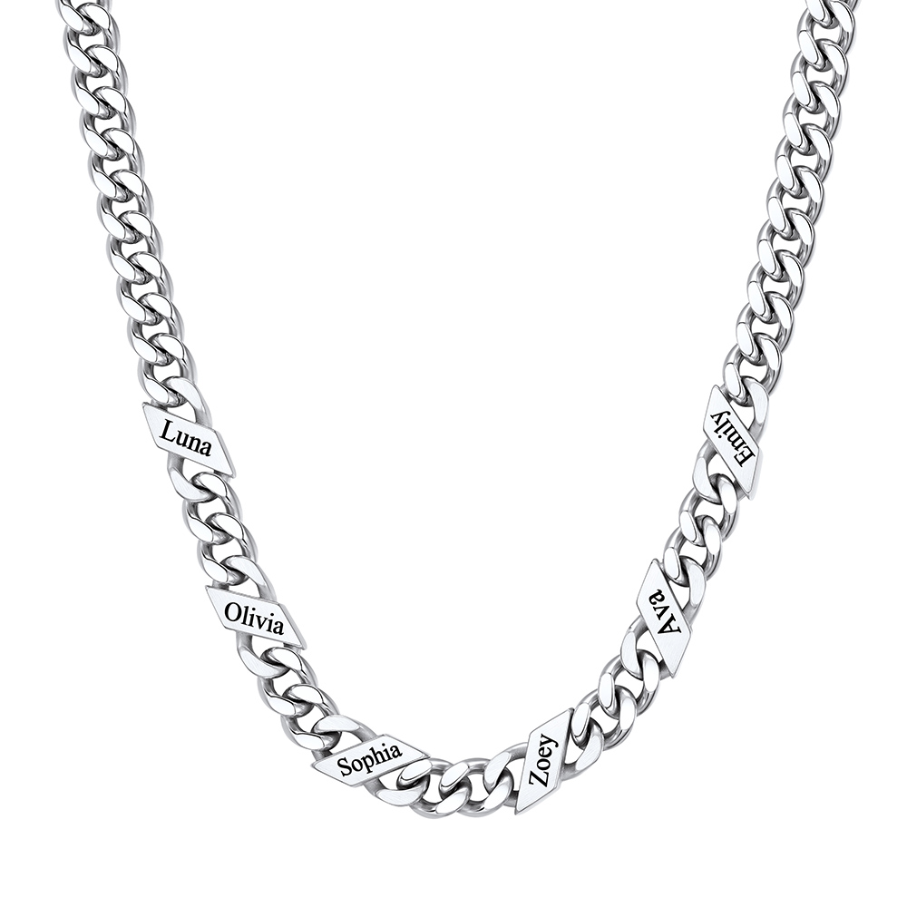 Custom 6 Names Cuban Chain Necklace  7MM Silver 