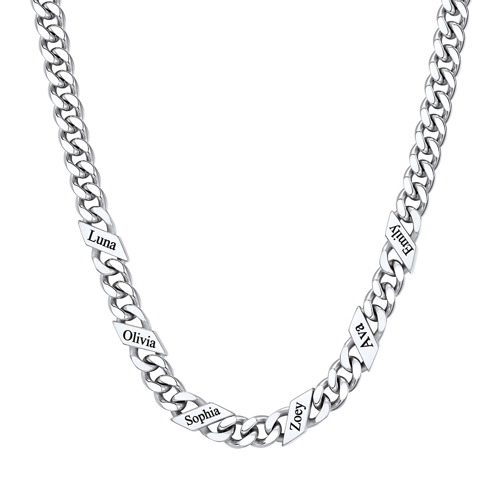 Custom 6 Names Cuban Chain Necklace  7MM Silver 