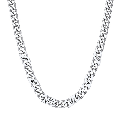 Custom 6 Names Cuban Chain Necklace  7MM Silver 
