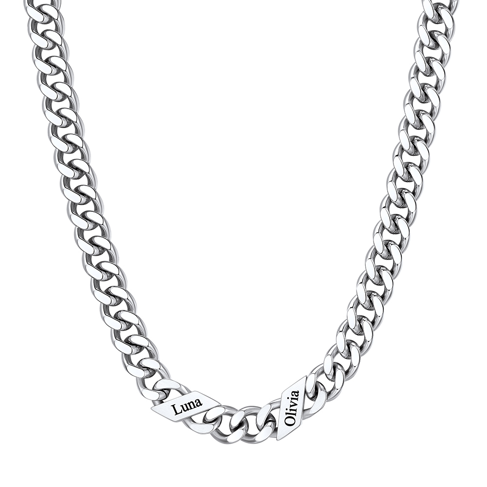 Custom 2 Names Cuban Chain Necklace 9MM Silver 