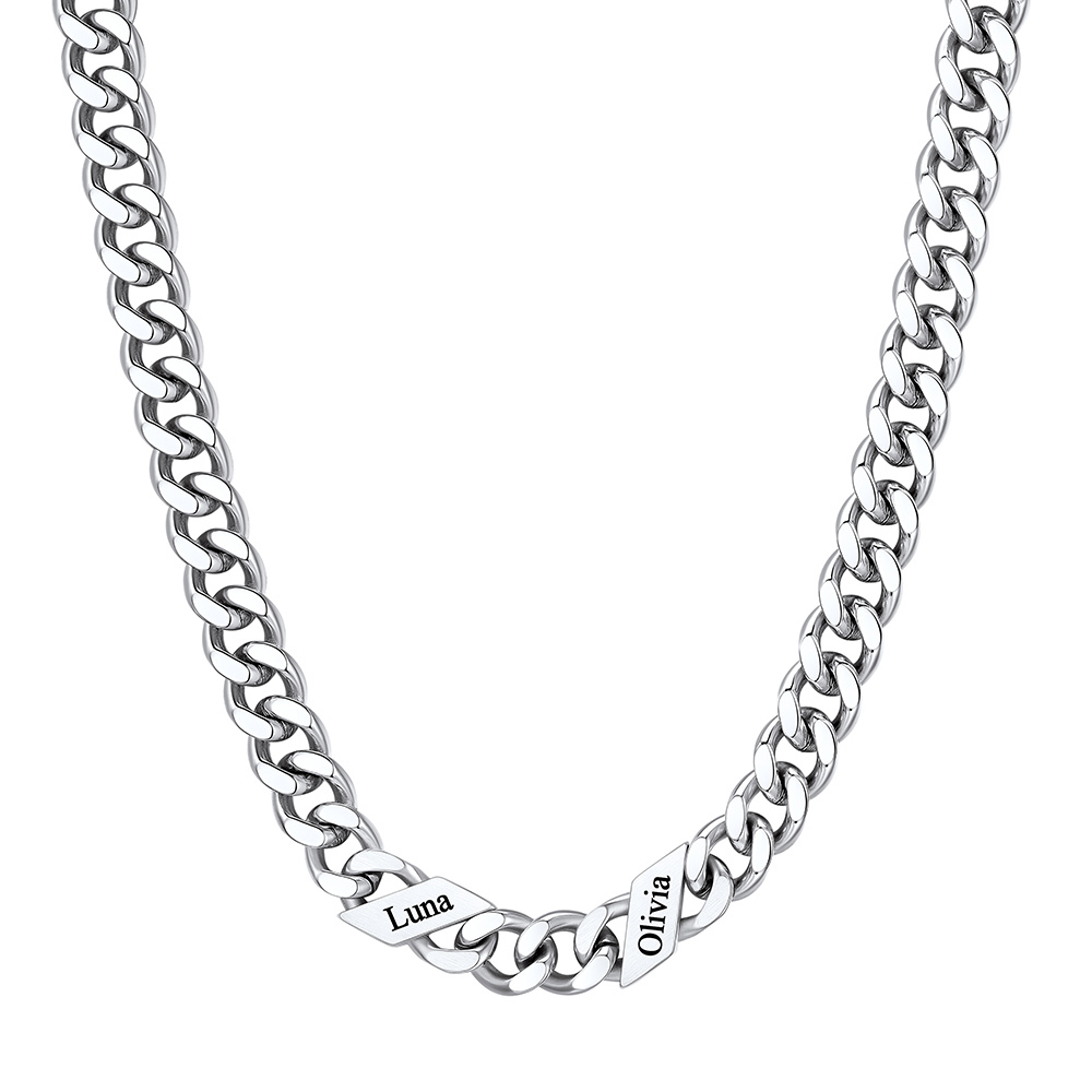 Custom 2 Names Cuban Chain Necklace 9MM Silver 