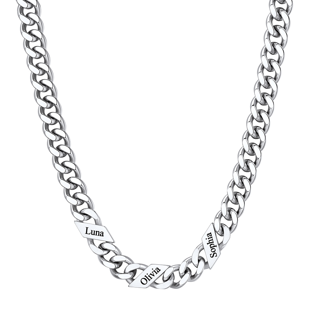 Custom 3 Names Cuban Chain Necklace 9MM Silver 