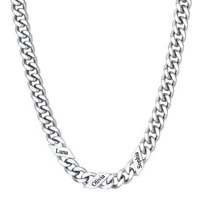 Custom 3 Names Cuban Chain Necklace 9MM Silver 