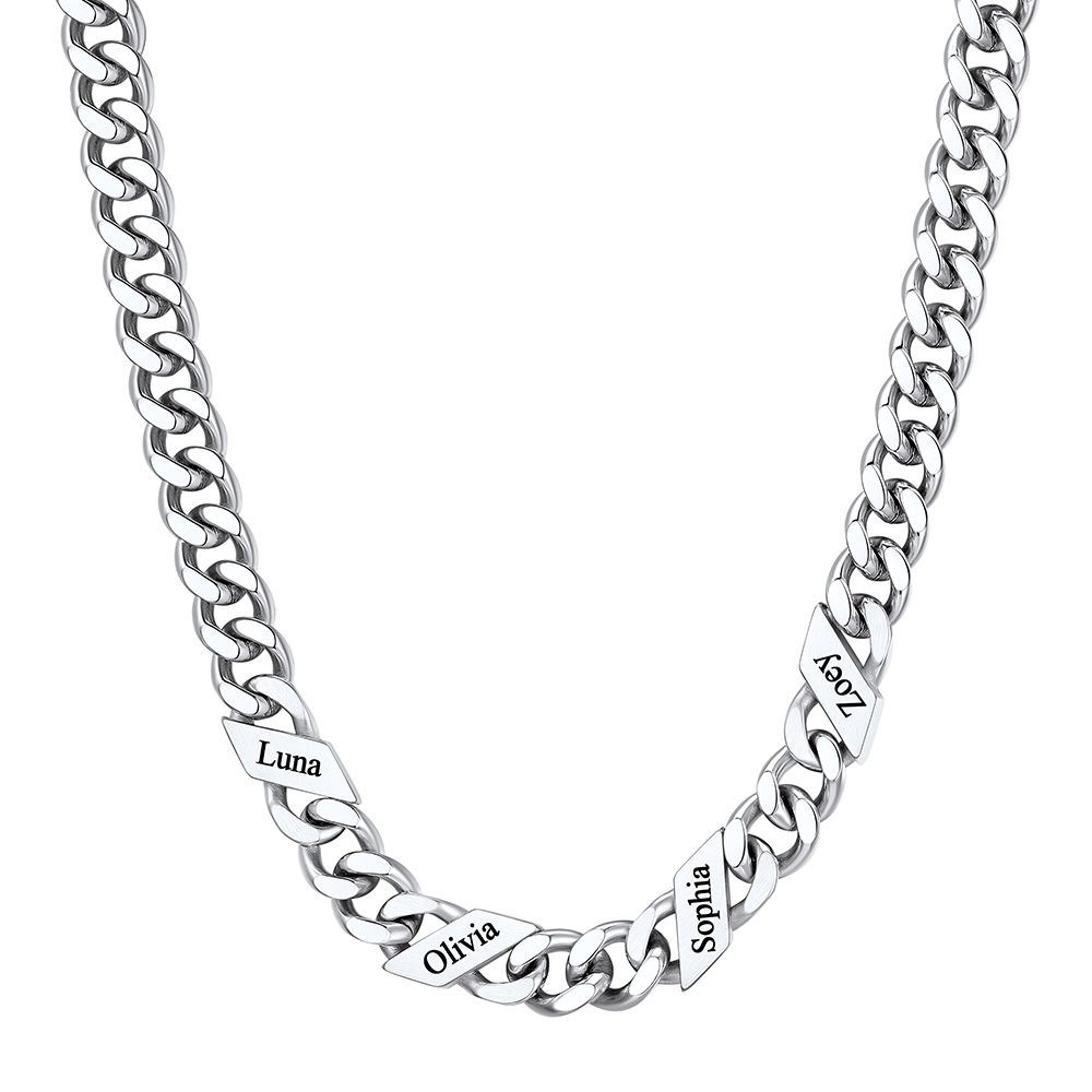 Custom 4 Names Cuban Chain Necklace 9MM Silver 