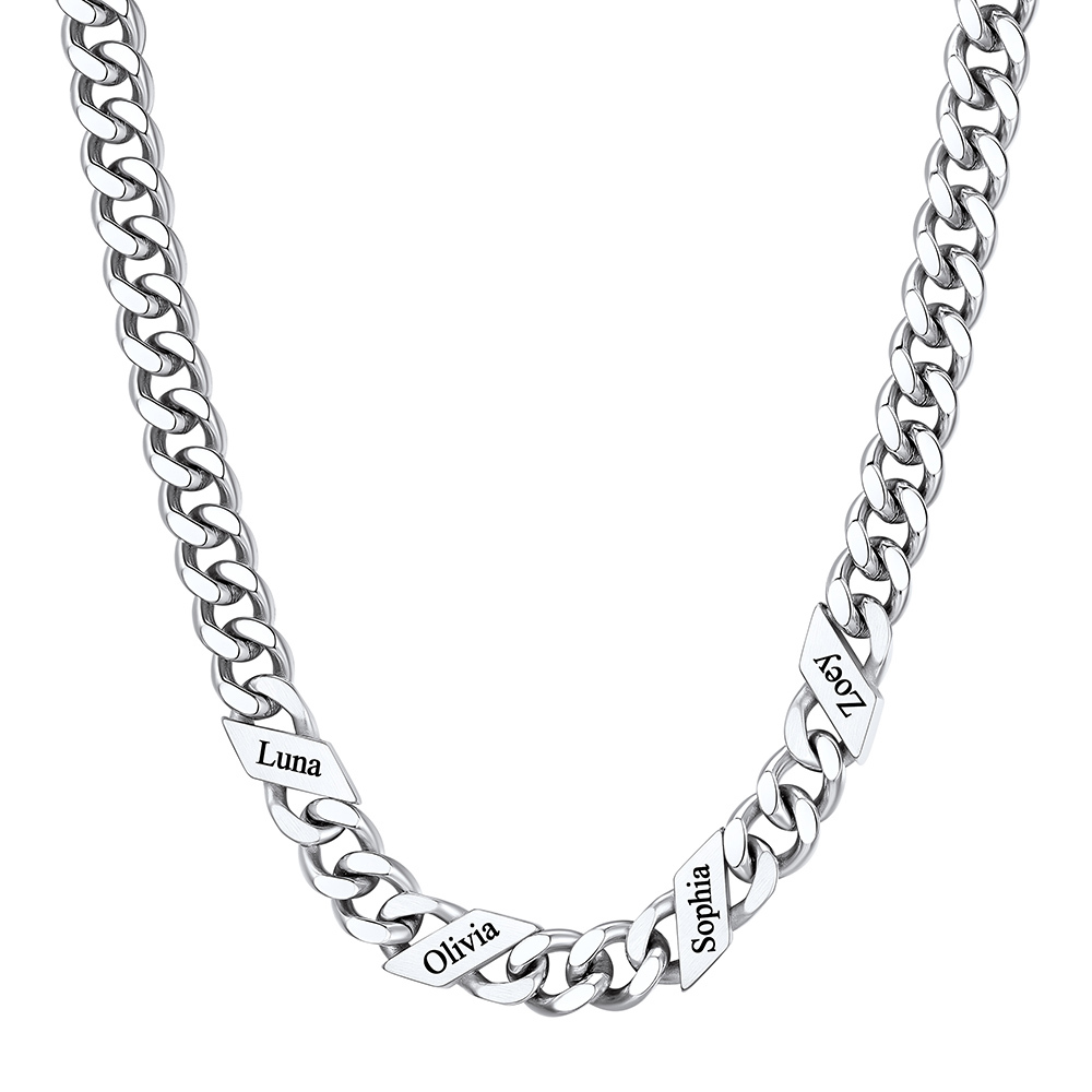 Custom 4 Names Cuban Chain Necklace 9MM Silver 