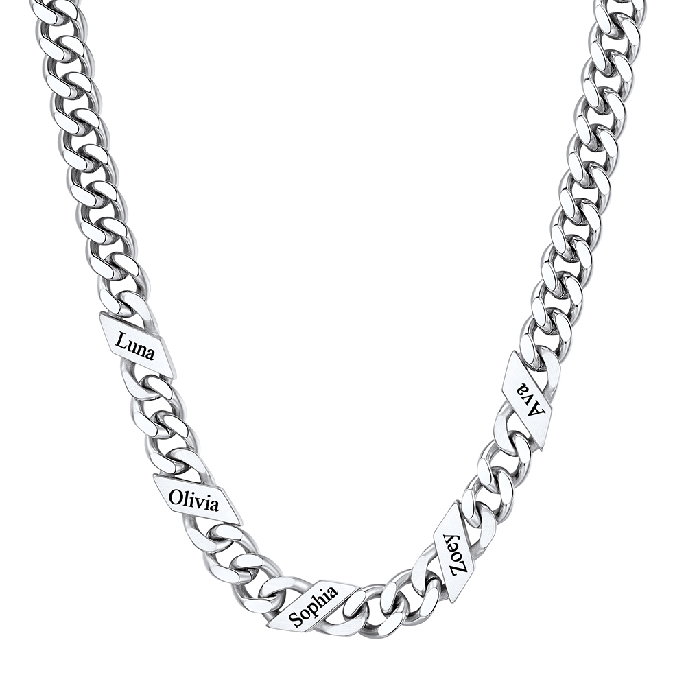 Custom 5 Names Cuban Chain Necklace 9MM Silver 