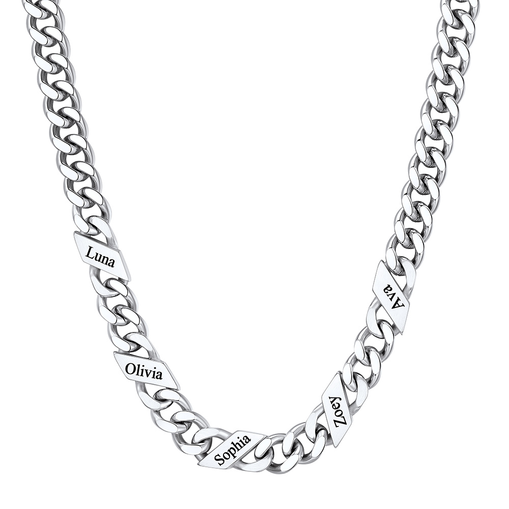 Custom 5 Names Cuban Chain Necklace 9MM Silver 