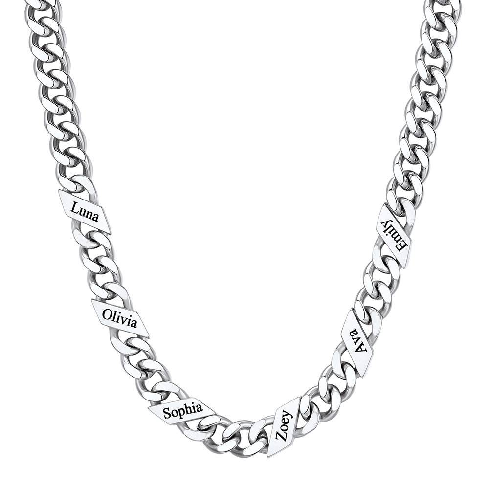 Custom 6 Names Cuban Chain Necklace 9MM Silver 