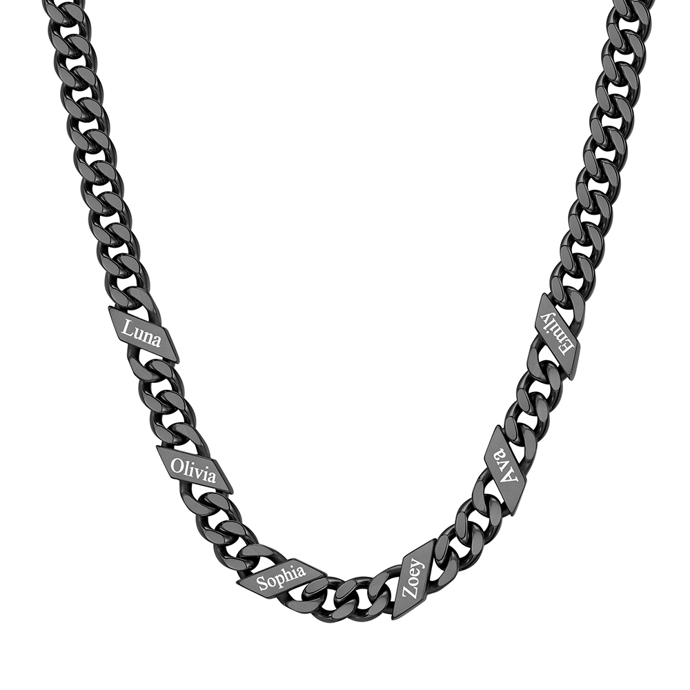 Custom  6  Names Cuban Chain Necklace 7MM Black