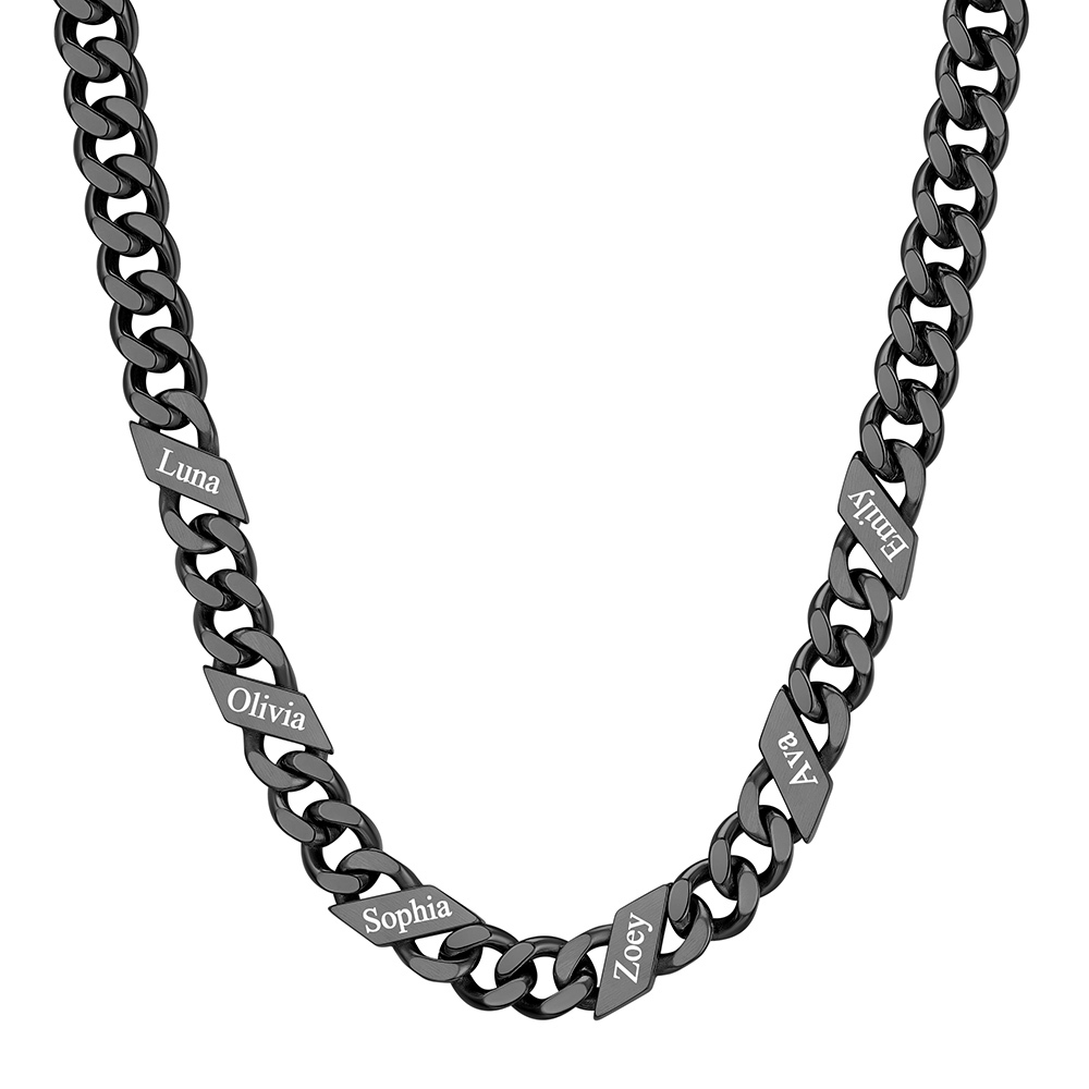 Custom 6 Names Cuban Chain Necklace 9MM Black