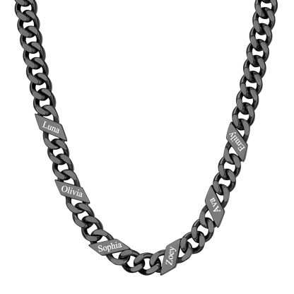 Custom 6 Names Cuban Chain Necklace 9MM Black