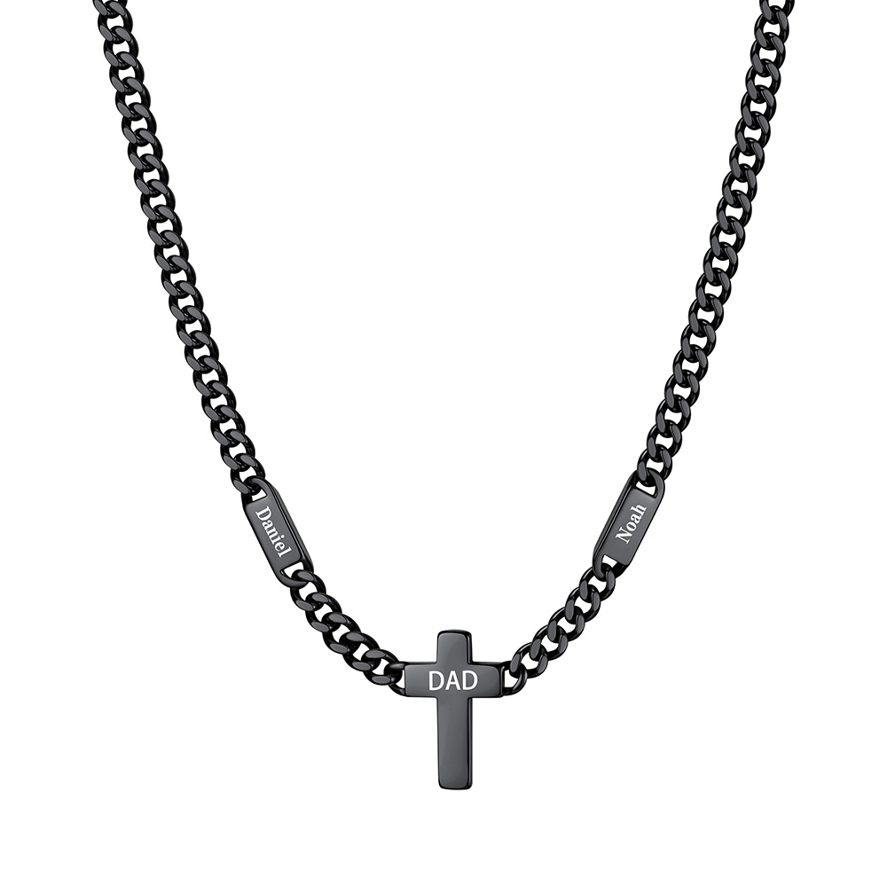 Custom 2 Names Cuban Chain Cross Necklace 7MM Black 