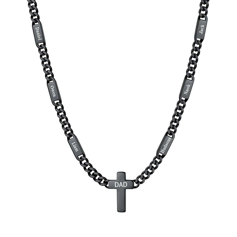 Custom 6 Names Cuban Chain Cross Necklace 7MM Black