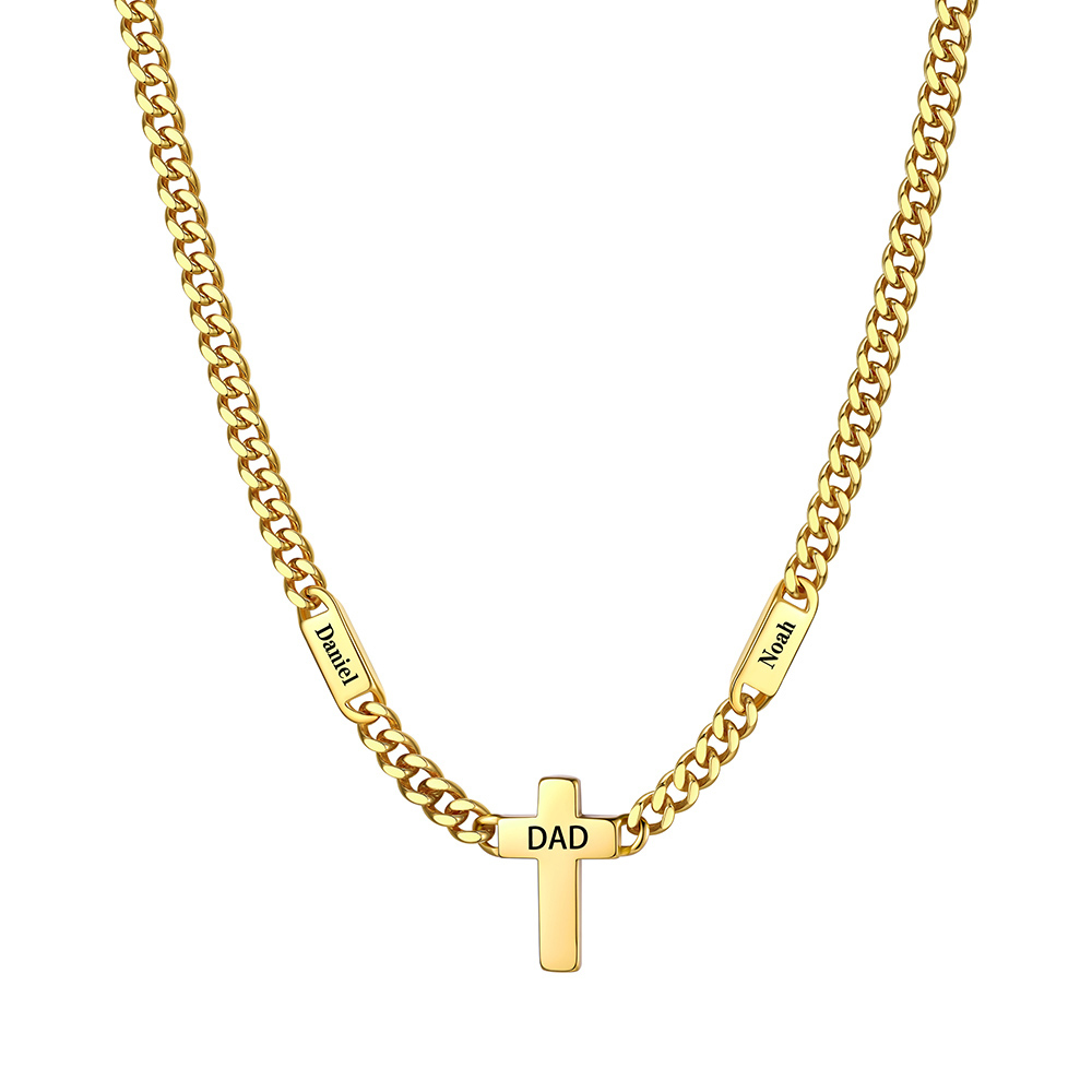Gold Custom 2 Names Cuban Chain Cross Necklace 7MM 
