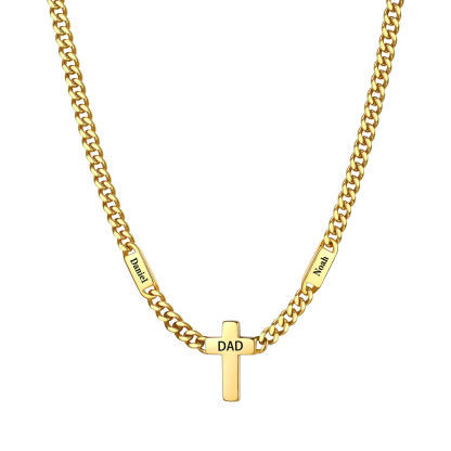 Gold Custom 2 Names Cuban Chain Cross Necklace 7MM 