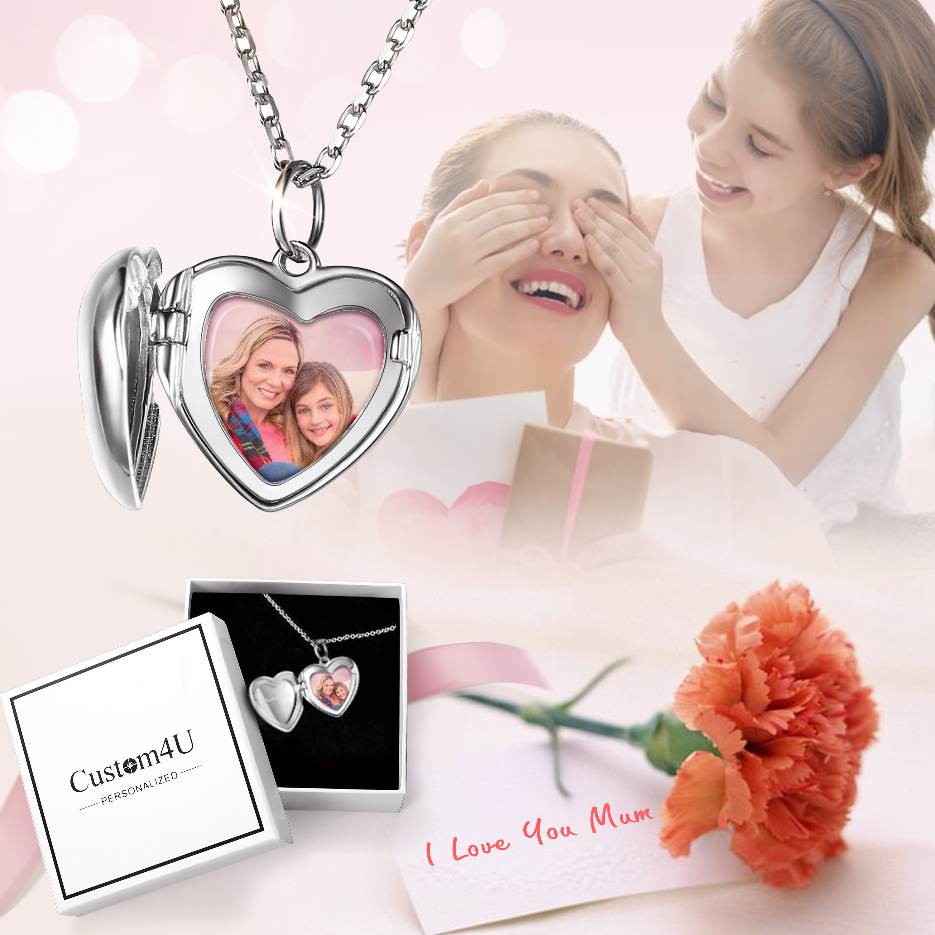 Personalized Heart Locket Necklace with Pictures For Women