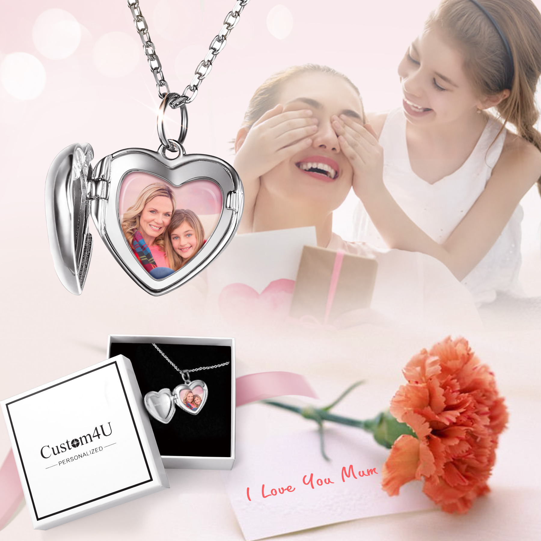 Personalized Heart Locket Necklace with Pictures For Women