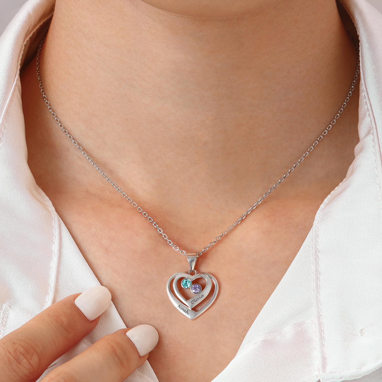 Birthstone Heart Engraved Necklace Gift for Mom personalized mother's day gifts