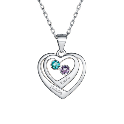 Birthstone Heart Engraved Necklace Gift for Mom Silver