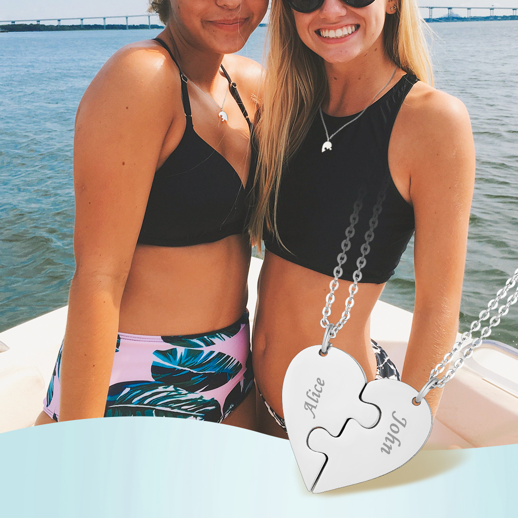  Name Heart Puzzle Piece Matching Necklaces for couple