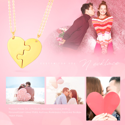 Customized Name Heart Puzzle Matching Necklaces