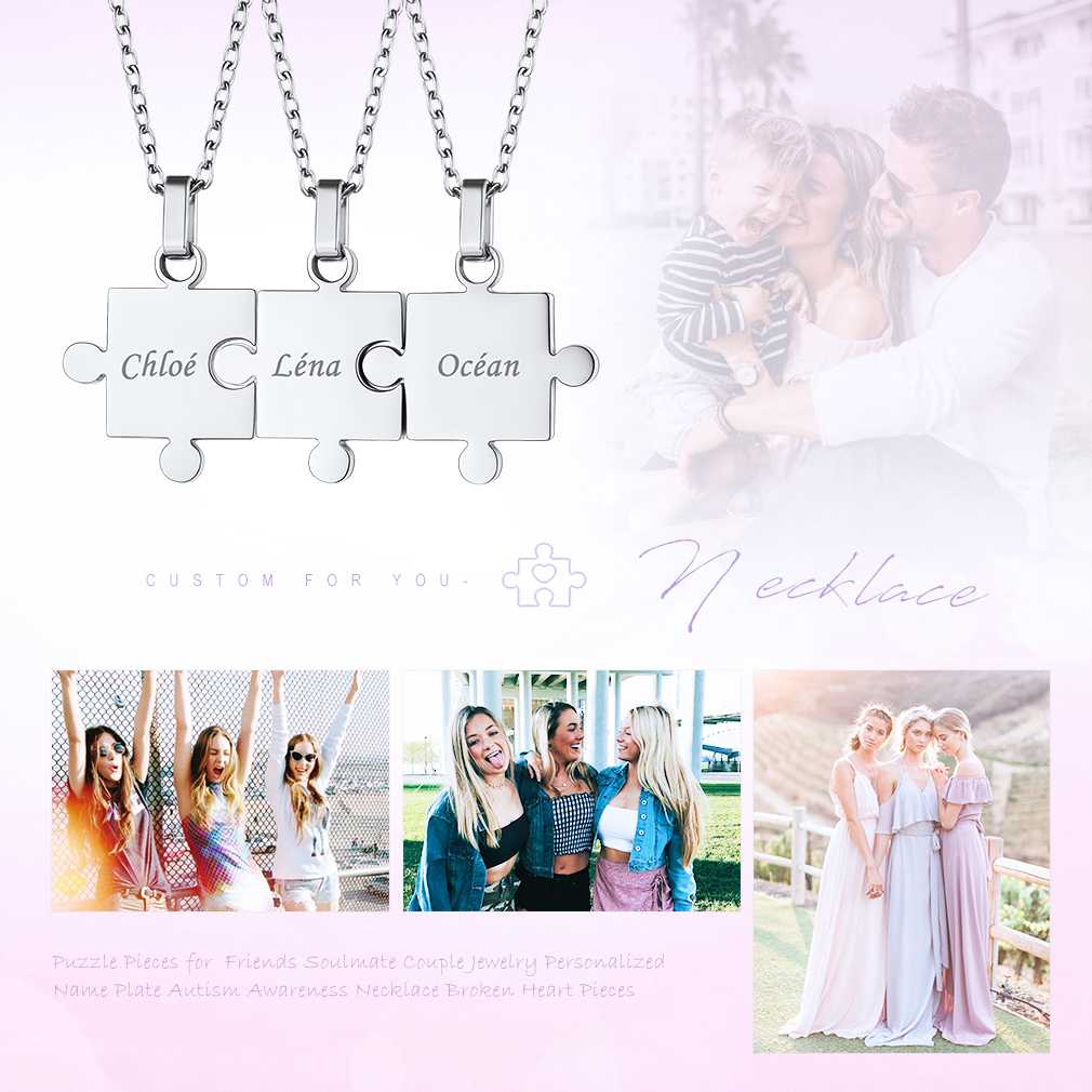Personalized Engraved Matching Puzzle Friendship BFF Necklace 3pcs sxene
