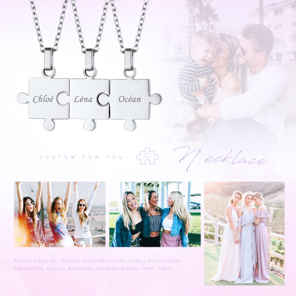 Personalized Engraved Matching Puzzle Friendship BFF Necklace 3pcs sxene