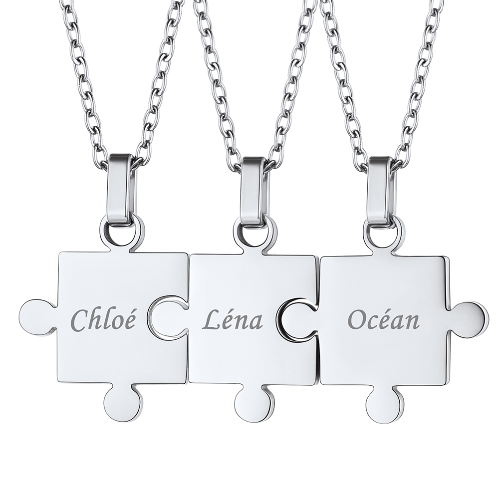 Personalized Engraved Matching Puzzle Friendship BFF Necklace 3pcs silver