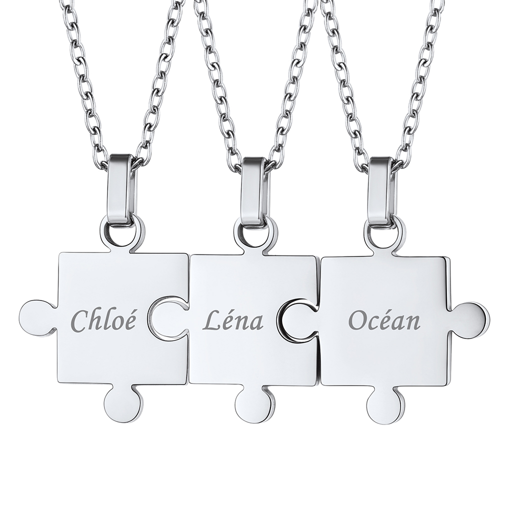 Personalized Engraved Matching Puzzle Friendship BFF Necklace 3pcs silver