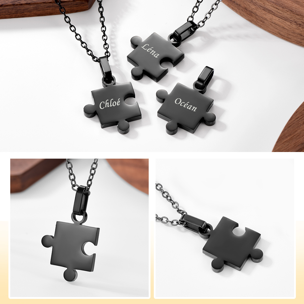 Personalized Engraved Matching Puzzle Friendship BFF Necklace 3pcs occasion black