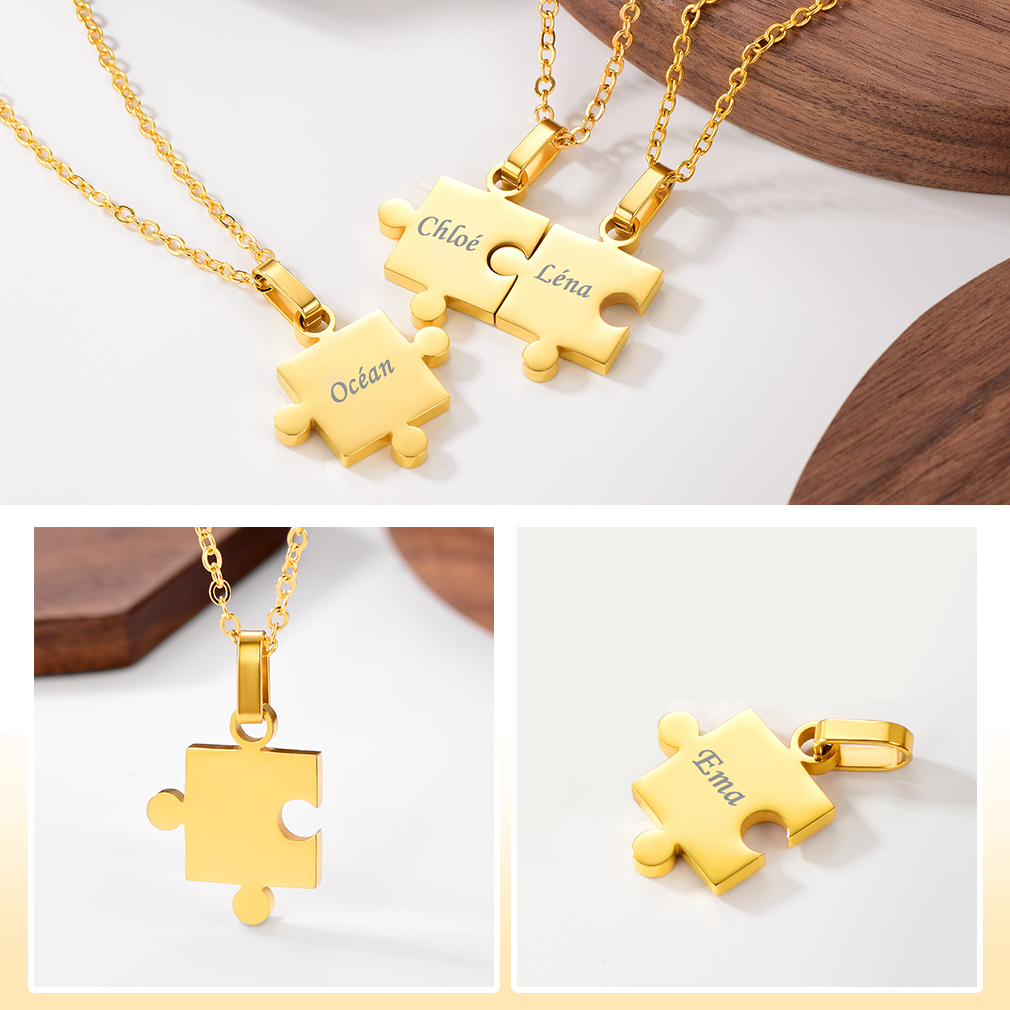 Personalized Engraved Matching Puzzle Friendship BFF Necklace 3pcs occasion gold