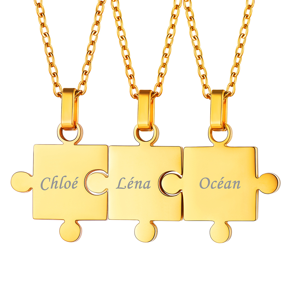 Personalized Engraved Matching Puzzle Friendship BFF Necklace 3pcs gold