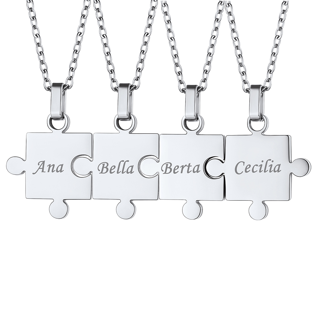 Custom Engraved Matching Puzzle BFF Necklace for Friends 4pcs silver
