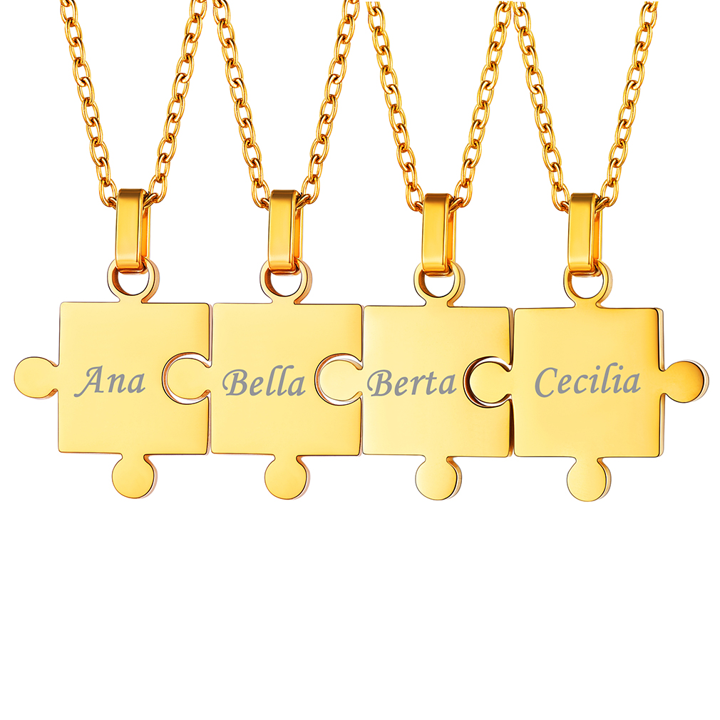 Custom Engraved Matching Puzzle BFF Necklace for Friends 4pcs gold