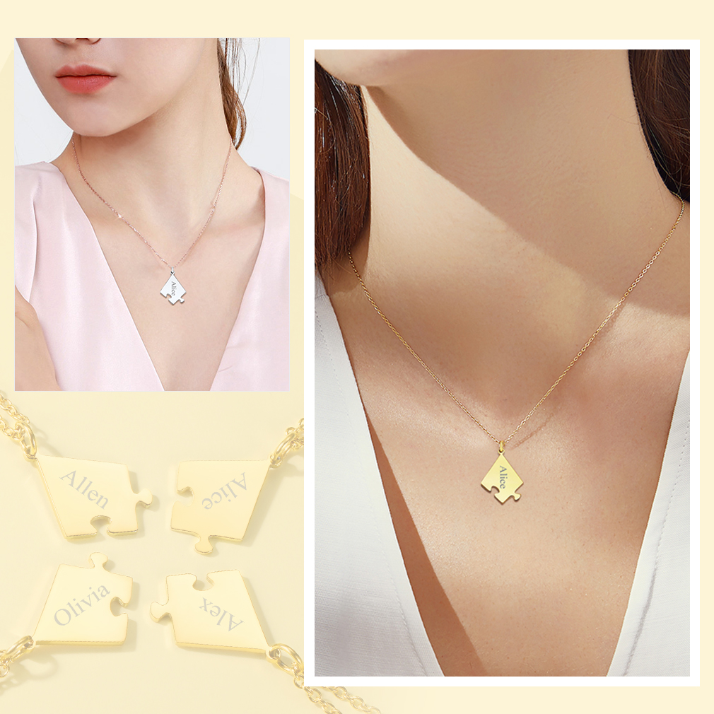 Custom Name Engraved Puzzle Necklaces for Friend/ Family model show