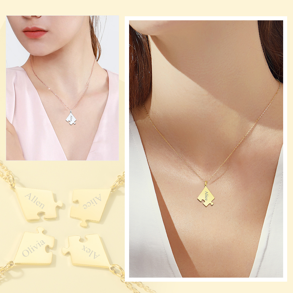 Custom Name Engraved Puzzle Necklaces for Friend/ Family model show