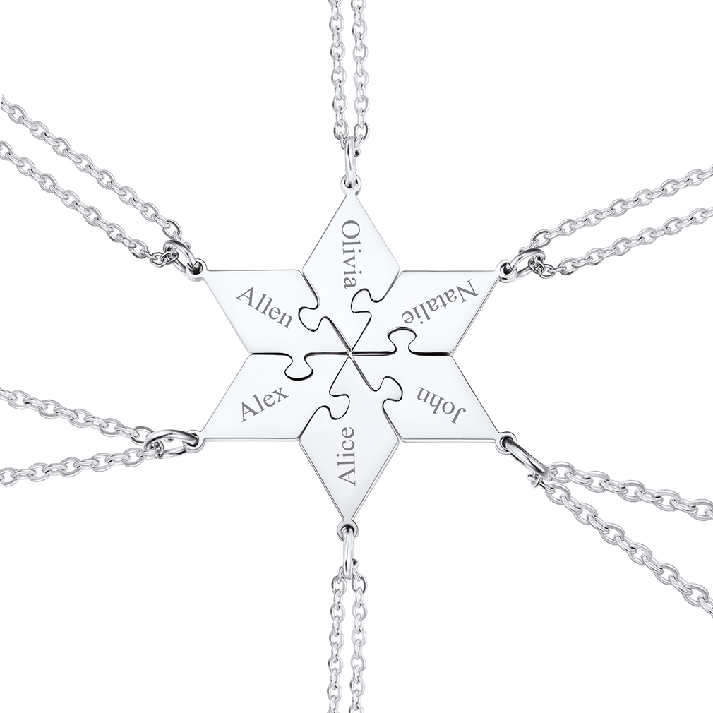 Personalized Name Puzzle Stitching Necklace for Family/Friends 6 Pcs silver
