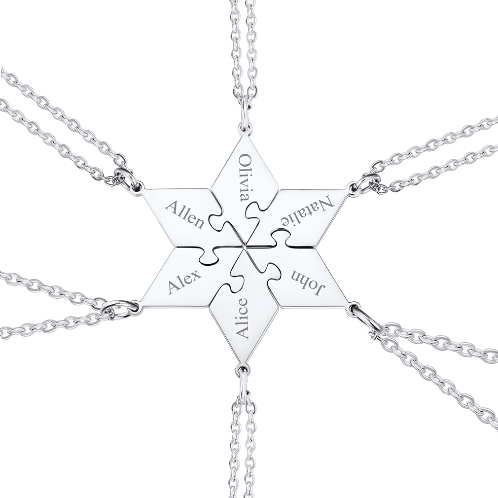 Personalized Name Puzzle Stitching Necklace for Family/Friends 6 Pcs silver
