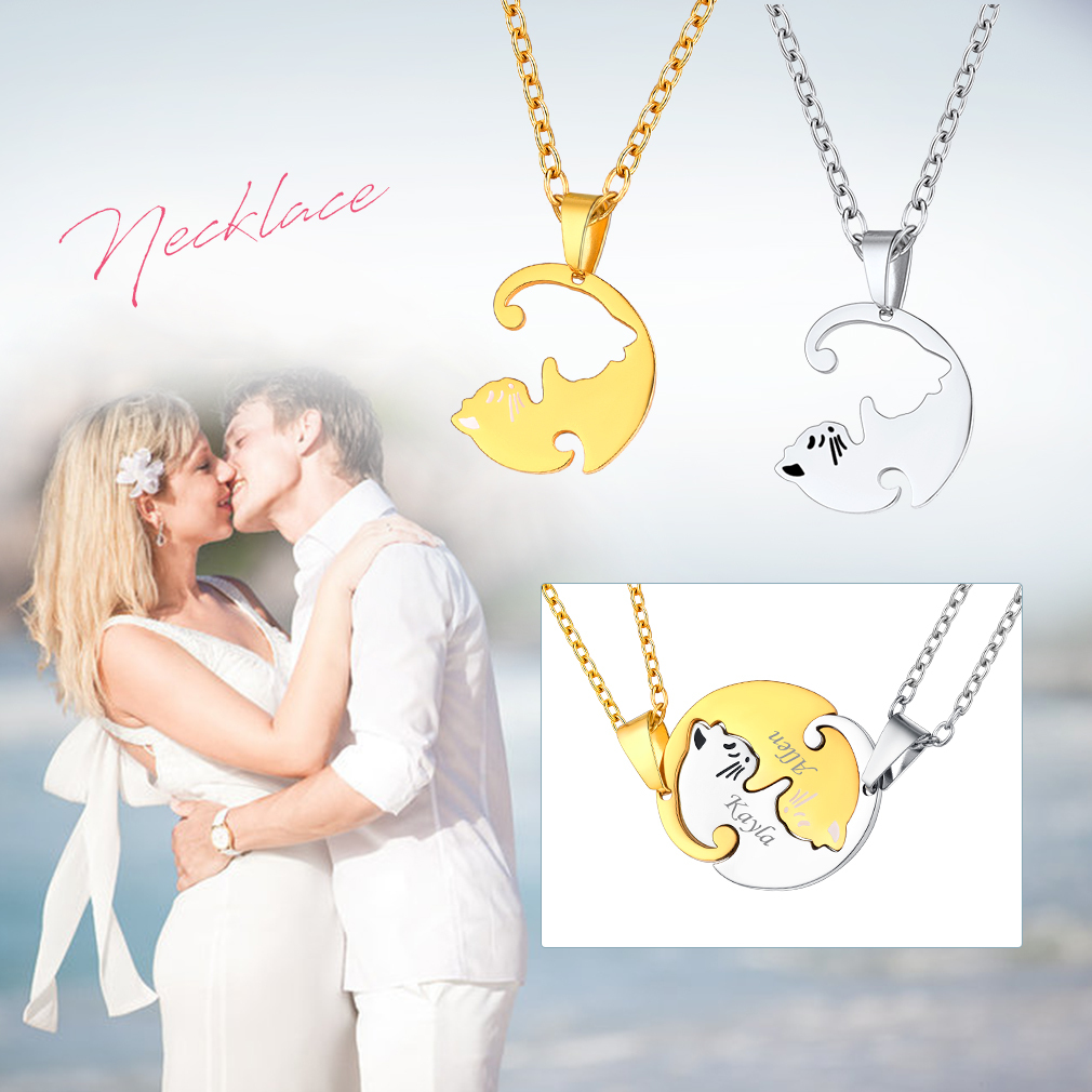 Personalized Couple's Engraved Cat Matching Necklace gift for lover