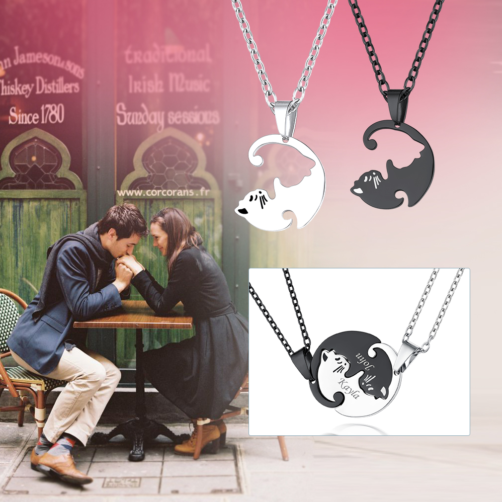 Personalized Couple's Name Engraved Cat Matching Necklace gift for lover