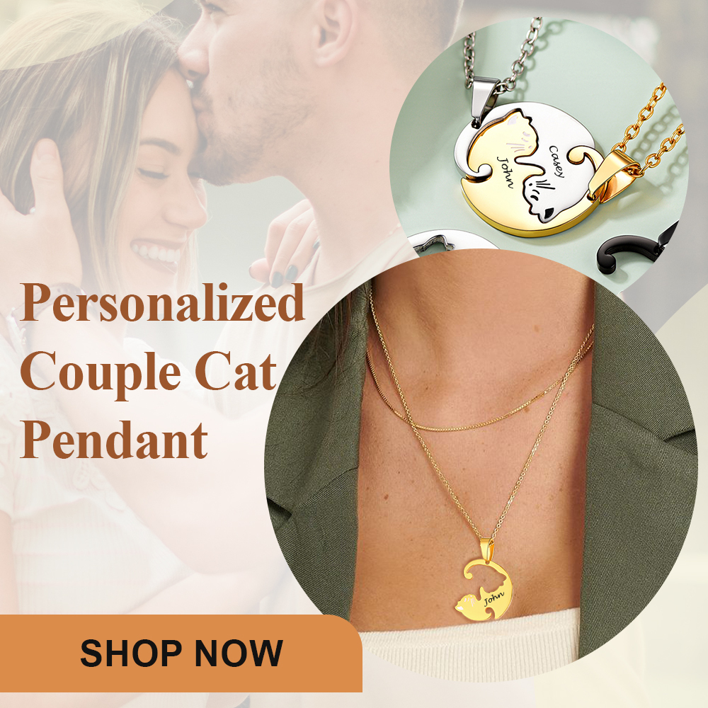 Personalized Couple's Name Engraved Cat pendant Matching Necklace 