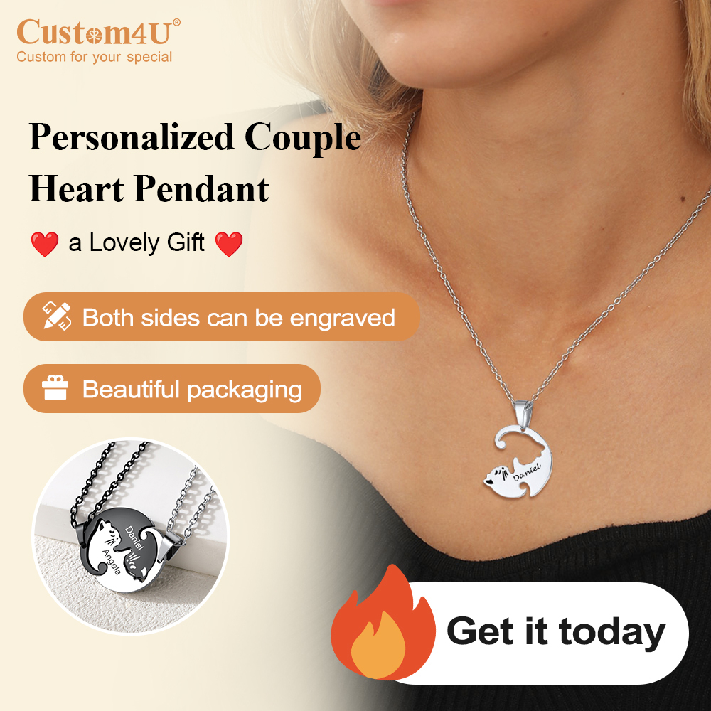 Personalized Couple's Name Engraved Cat Matching Necklace lovely gift