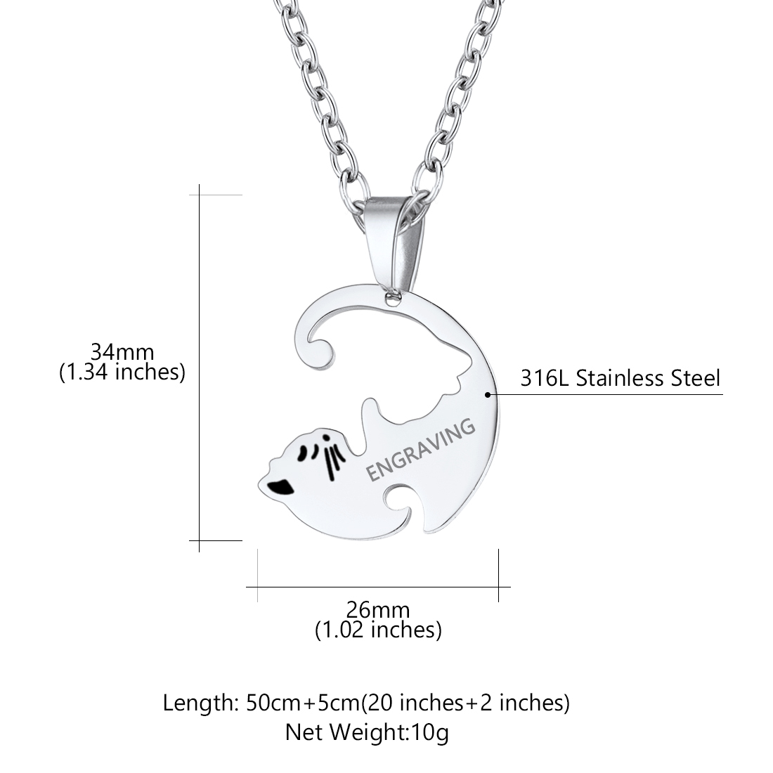 Personalized Name Stainless Steel Cat Pendant Necklace detail silver