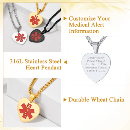 Custom Engraved Medical ID Medical Alert heart pendant Necklace 