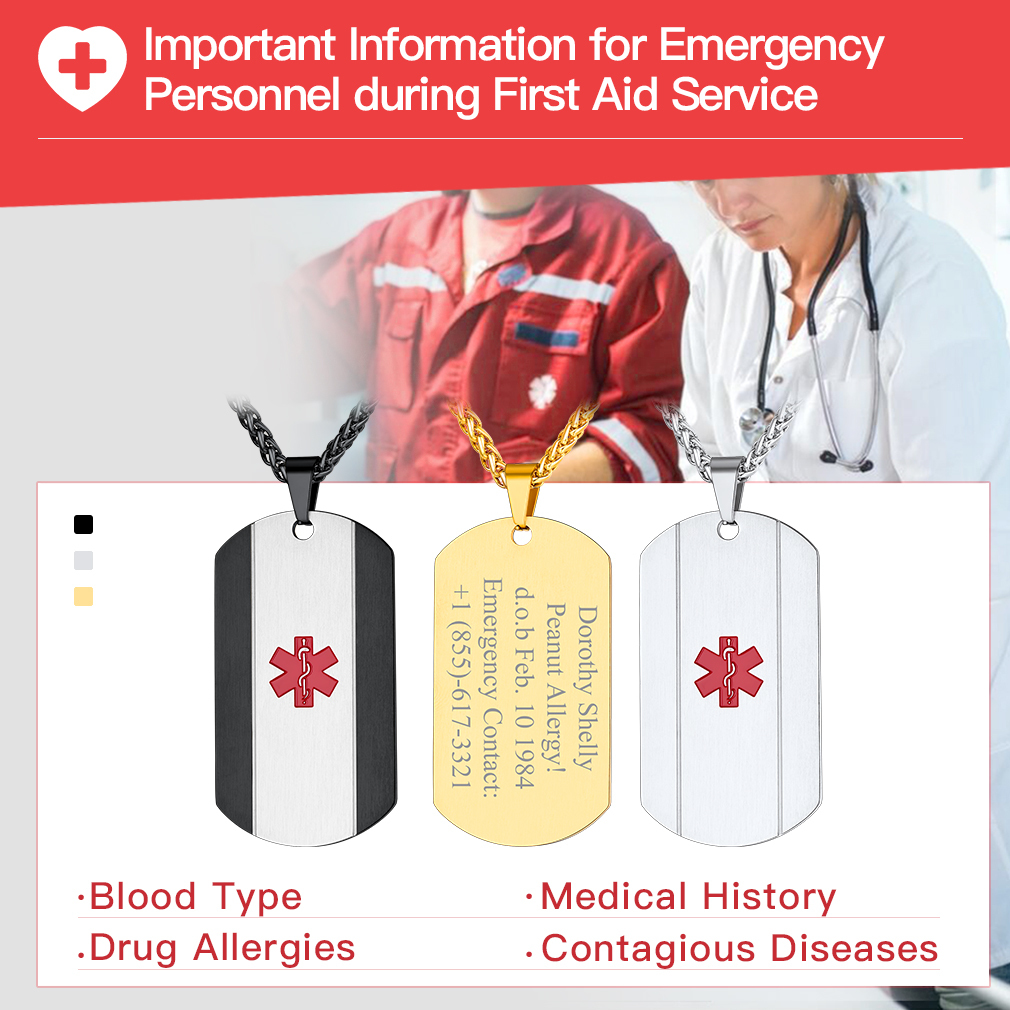 Personalized Engraved Medical ID Medical Alert Necklace for Men 