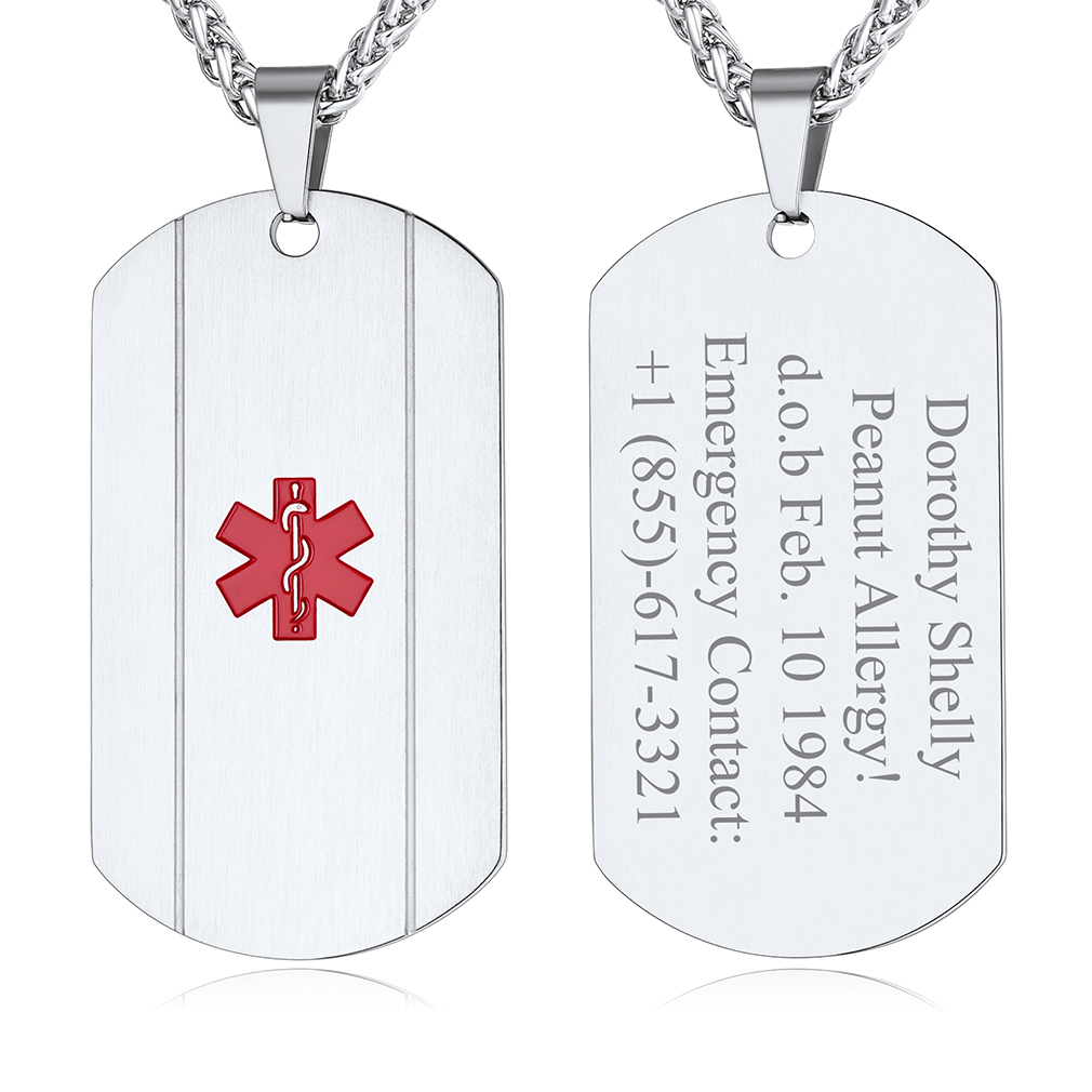 Personalized Engraved Medical ID Medical Alert Necklace for Men Women silver
